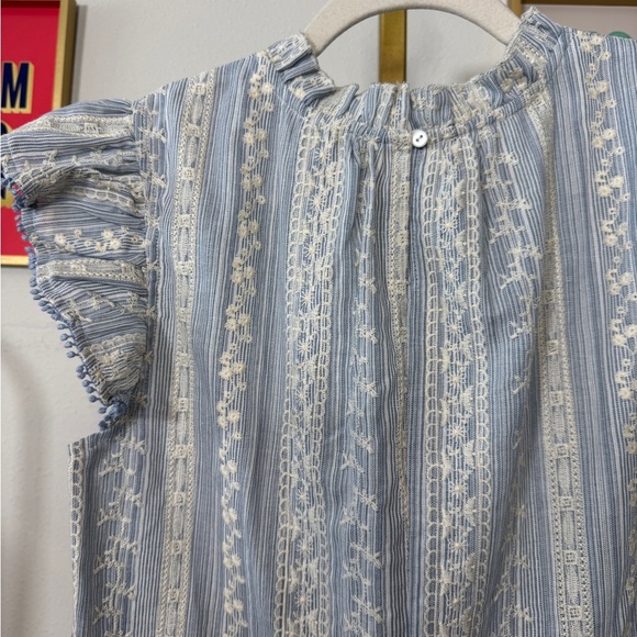 VOY Blue and White Striped RUFFLE BLOUSE - Picture 5 of 6